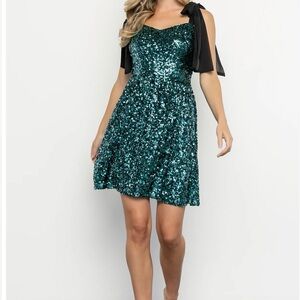 Baltic Born Teal Sequin Mini Dress with Black Bow
